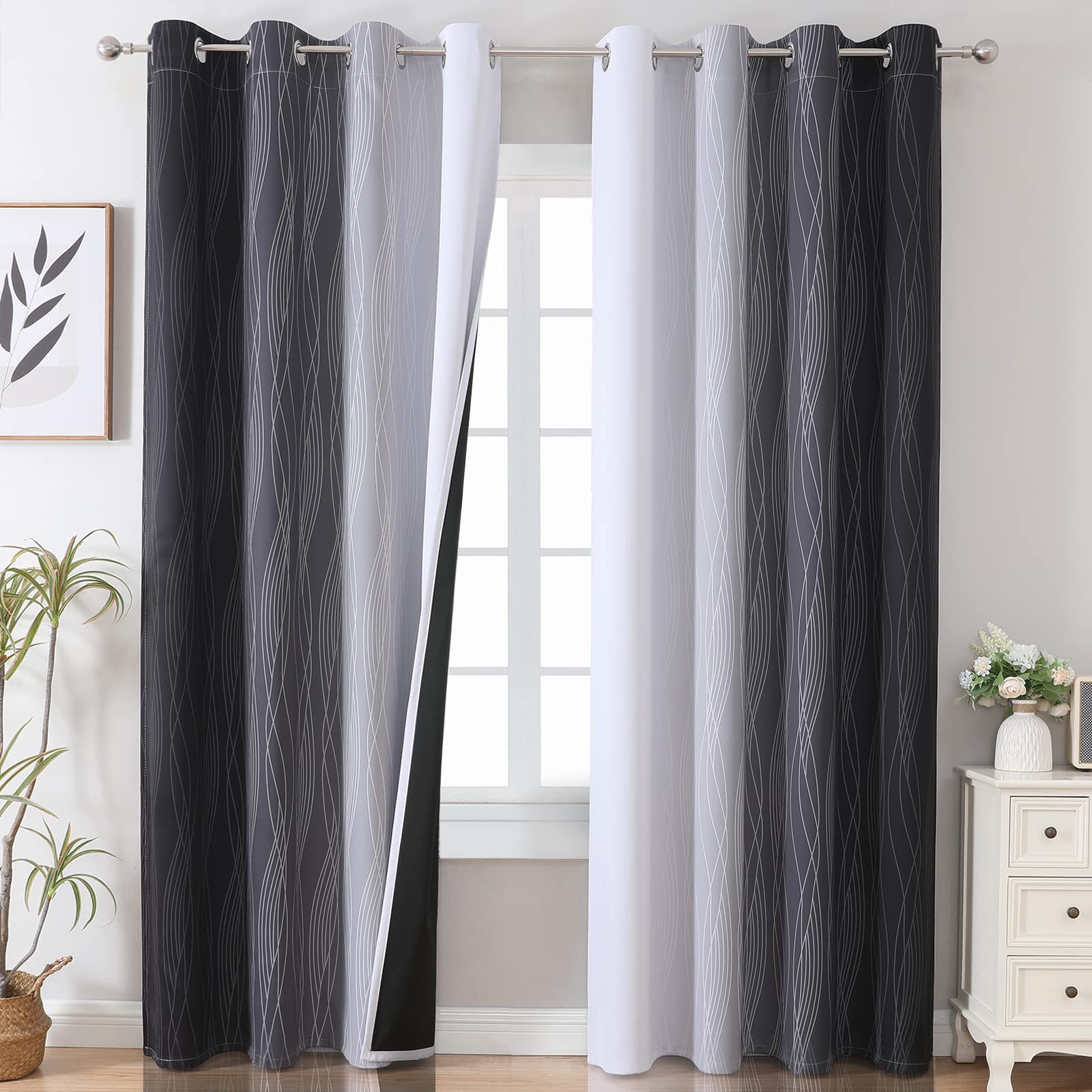 Estelar Textiler Beige and Greyish White Blackout Curtains for Living Room, Full Room Darkening Gradient Drapes for Bedroom, Thermal Insulated Ombre Grommet Curtains for Dining Room,52Wx84L,2 Panels
